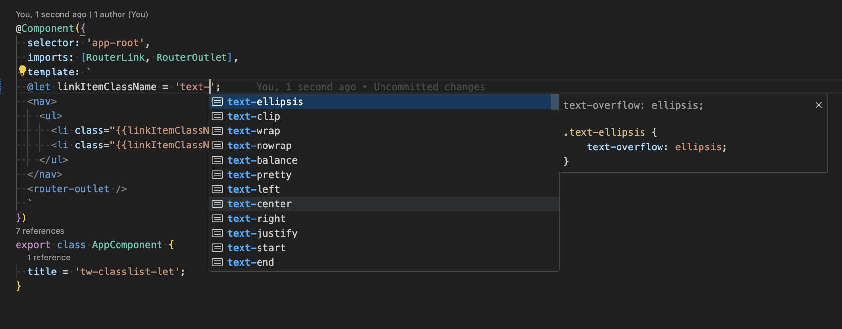 VS Code上でTailwind CSSのユーティリティクラスの入力補完が動作している様子を示したスクリーンショット