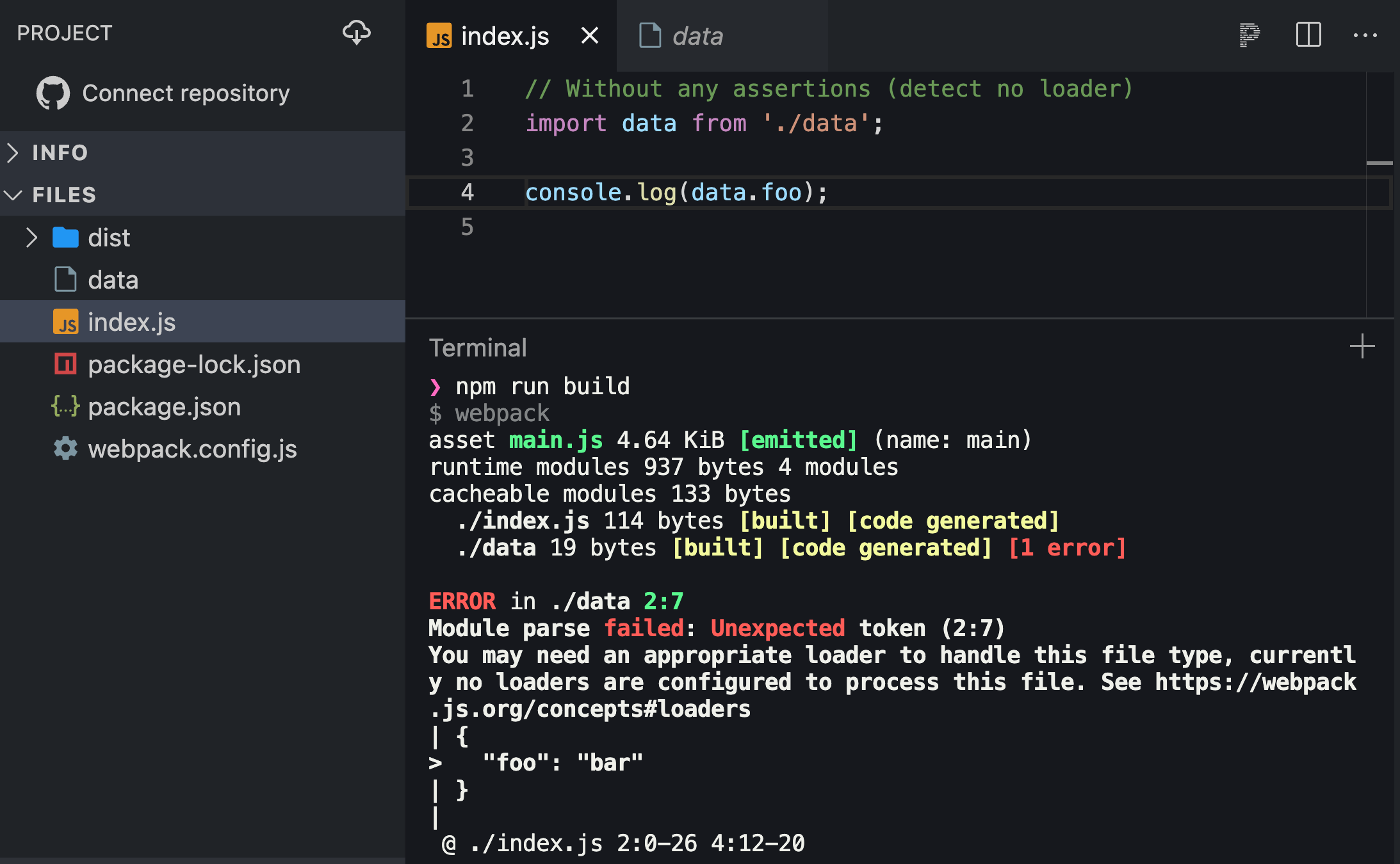 dataのインポート（アサーションなし、拡張子なし）は失敗する